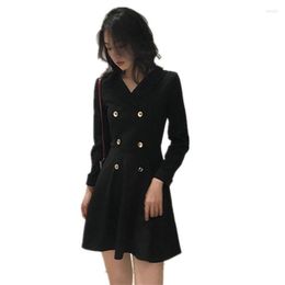 Casual Dresses Spring And Autumn Temperament Hepburn Black Women's Suit Collar Double-breasted Waist Slim Long-sleeved Cool Wind Dress