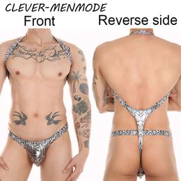 Men's Sexy Underwear Print Thong Open-back Jumpsuit T Back Bare Buttocks Bikini Leggings Gay Sexual Lingerie Sissy Clothing