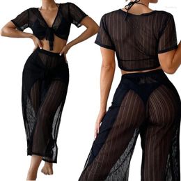 Women's Swimwear 2023 Sexy See Through Two Pieces Outfits For Women Sun-Protection Bikinis Cover Up Wide Leg Pants And Short Sleeves Crop