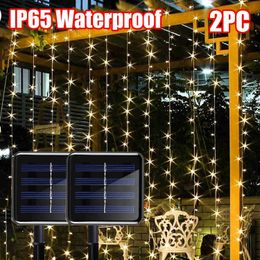 Lawn Lamps 2pc LED Solar Lamp Waterproof Curtain Lights Outdoor Garland Copper wire Fairy Lights Garden Yard Wedding Party Waterproof Light Q231125