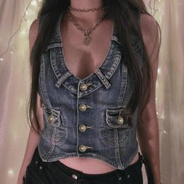 Women's Tanks Retro Women Denim Halter Vests Sleeveless Korean Fashion Jeans Jacket Harajuku Vintage Y2k Streetwear Cropped Top Ripped Shirt