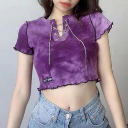 Women's T Shirts Crop Top Y2K Streetwear Tie Dye Tshirt Chain V Neck Short Sleeve Baby Tees Edible Tree Women Clothes Blue Purple