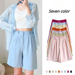 Women's Shorts Women's Summer Shorts Loose Casual Suit Short Pants Girl Solid Pink Sky Blue Knee Length Button High Waisted Shorts Women 230425