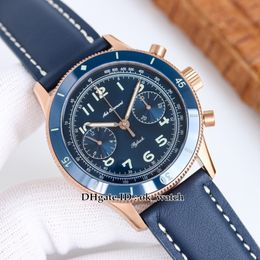 ITF Air Command F388B Automatic Chronograph Mens Watch AC02-36B40-63B Rose Gold Case Ceramics Bezel Blue Dial Leather Gents Sport watches