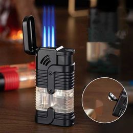 Lighters New Metal Windproof Three Jet Flames No Gas Cigar Lighter Transparent Oil Tank High Temperature Spray Gun Cutter