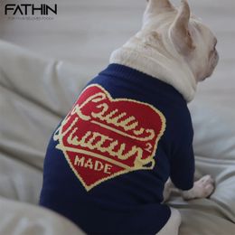 Dog Apparel FATHIN Navy Blue Sweater Pet Knitted Vest Designer Winter Warm Clothes for French Bulldog Small Medium Large Dogs Cats 231124
