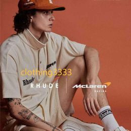 French niche designer clothes Men's T-shirts Rhude x Mclaren Letter Embroidered Lapel Pullover T-shirt 1 and Women's Short Sleeve S-xl