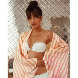 Women's Swimwear ASDS-Women's Four-Sided Stretch Striped Cardigan Long Long-Sleeve Beach Sunscreen Top Pink One Size