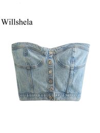 Women's Tanks Camis Willshela Fashion denim Slim Bodysuit Top Retro Backless Single Breast 230425