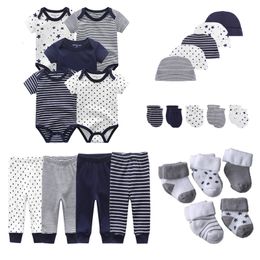 Rompers 15/24Pieces born Baby RompersPantsMittensHatsSocks Set 100%cotton Print Unisex Baby Girl Boy Clothes Sets 230425