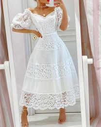 Casual Dresses V-Neck Scallop Trim Contrast Lace Flare Dress 230425