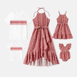 Family Matching Outfits PatPat Cotton Shortsleeve Striped Tshirts and Polka Dot Print Halter Ruffle Trim Dresses Sets 230424