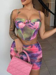 Women's Tracksuits Summer Geometric Print Tops Mini Skirts Women Suit Y2k Bodycon Cropped Tshirt A-line Skirt 2 Pieces Set 2023 Lady