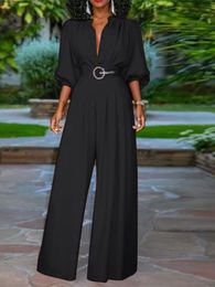 Women's Jumpsuits Rompers Celmia Long Fashion Casual 3/4 Puff Sleeve Pleated Button Wide Leg Pants Loose Elegant Top 230425