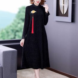 Casual Dresses Autumn And Winter Clothes 2023 Chinese Style Retro Bottom Dress Large Size Women's Fashion Elegant Midi Vestidos T2064