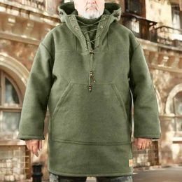 Men's Hoodies Men Thick Sweatshirt Mid-length Stylish Hooded Lace-up Warm Pullover With Front Pocket