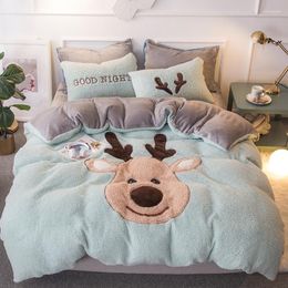 Bedding Sets Lamb Velvet Fabric Elk Christmas Twin Size Duvet Cover Flat Sheet Pillowcase