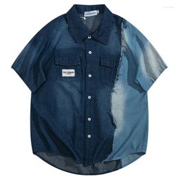 Men's Casual Shirts Summer Men American Style Button Denim Hip Hop Washed Patchwork Vintage Blouse Streetwear Harajuku Fashion