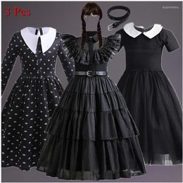 Girl Dresses Movie Wednesday Costumes Birthday Princess Vestido Black Fancy Halloween Carnival Cosplay Long Dress For Kids Wig