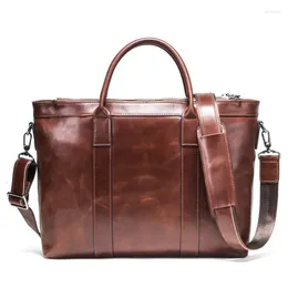 Briefcases Genuine Leather Mens Laptop Messenger Bags Shoulder Retro Man Business Affairs Briefcase 14 Inch Computer Male Package 2023