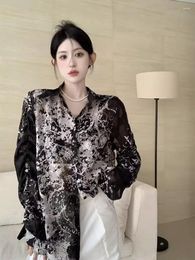 Women's Blouses Korejepo Tie Dyed Jacquard Chiffon Shirt Black Women Summer Vintage Hong Kong Style Blouse Loose Sun Protection Long Sleeved