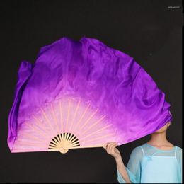 Stage Wear 30Inch Chinese Folk Dance Silk Veil Women Yangko Fan Pair Real Half Moon Show Props AdultsPink Purple Gradient