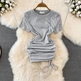 Casual Dresses Chic Summer Sexy Dress Short Sleeve Round Neck Tight Slim Fit Folds Drawstring Irregular Bodycon Package Hip Women Mini