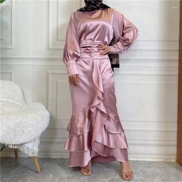 Ethnic Clothing 2 Piece Satin Muslim Woman Set Solid Colour Balloon Sleeves Top Ruffles Front Tiered Skirt Dubai Islam Modesty Ramadan Eid