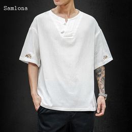 Men's T-Shirts Cotton Linen T shirt Men Summer Japanese Loose Large Size Embroidery Chinese style Round Neck Casual Short Sleeved Tee Mens 230425