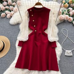 Casual Dresses Women Autumn Winter Dress Round Neck Loose Long Sleeve Tulle Embroidery Patchwork Knitting Mid Female