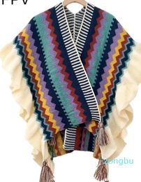 Scarves XFPV Women's Knitted ShoulderBlue Edge Ethnic Style Outwear Shawl Cloak Scarf Fashion Tide Spring Autumn