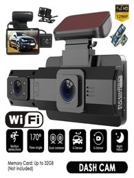 A88 Wi -Fi 3 인치 IPS 대시 캠 1080p 자동차 DVR 듀얼 렌즈 대시 카메라 광각 비디오 레코더 전면 내부 또는 후면 카메라 나이트 비전.