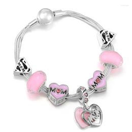 Charm Bracelets 2023 Pink Enamel Heat MOM Beads With Silver Plated Chain Bangles For Women Mother DIY Jewelry Gift