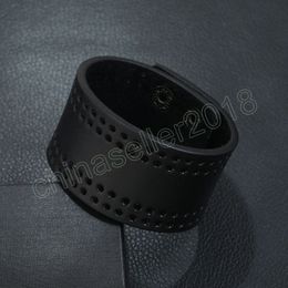 Black Hollow Leather Bangle Cuff Button Adjustable Bracelet Wristand for mens women Fashion Jewellery