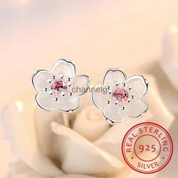 Stud Silver 925 Jewellery Sterling Silver Earrings Cherry Blossom Inlaid Pink Zirconia Ear Studs Simple and Popular Earrings for Women YQ231125