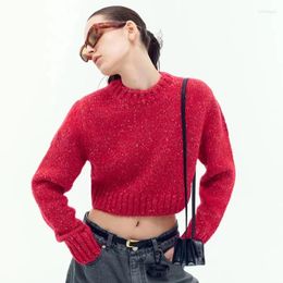Women's Sweaters Women Autumn And Winter Red Playful Round Neck Floral Yarn Thick Knitted Sweater Short