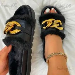 Slippers 2023 women luxury brand round head thick soled warm medium heel fur slippers large metal chain slippers outdoor casual slippers T231125