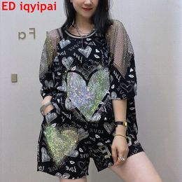 Women's Tracksuits Ed iqyipai Mesh Fabric Splice Short Loose Summer T-shirt and 2PCS Casual Sequin Thin Set 230424