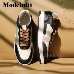 Dress Shoes Modelutti Women Fashion Genuine Leather Flat Round Neck Lacing Shoes Simple Solid Allmatch Casual Sneaker Female Chic 230425