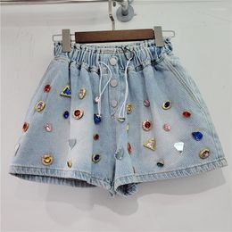 Women's Shorts 2023 Summer Women Luxury Colorful Diamond Elastic High Waist Loose Denim Wide Leg Female Jeans Y3898