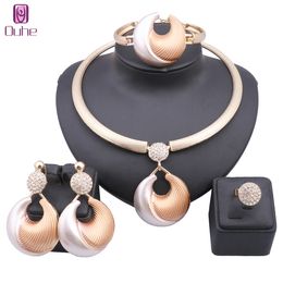 Dubai Gold Color Crystal Jewelry Sets For Women Colorful Necklace Earrings Ring Bangle Gift Set For Wedding Party