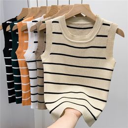 Women's Tanks Camis Basic Tank Top Crop Knitted Sleeveless Stripe T-shirt Slim Fit Elastic Thin Knit Summer 230425