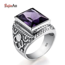 Solitaire Ring Real 925 Sterling Silver Heavy Signet Rings Men's Massive Amethyst 12*16mm Stone Party Male Vintage Jewellery Gift For Husband Top 230425