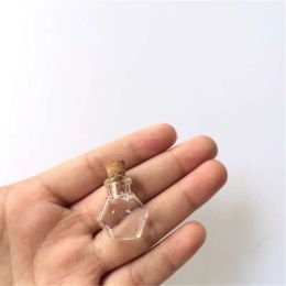 Top Hexagon Glass Bottles Pendants Small Wishing Bottles With Cork Transparent Jars Gifts Vial Handmade bottles 100pcs Wholesale