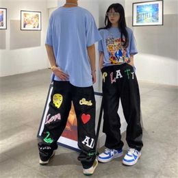 Men's Jeans face letter multiprint jeans trendy brand men and women ins hiphop trendy brand retro loose straight wideleg pants ins J230420