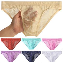 Underpants Men's Lace Transparent Underwear Briefs Low Rise Sexy Ice Silk Breathable Triangle Pants Trendy Male Solid Colour