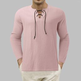 Men's T Shirts Mens Long Sleeve Slim Tie Collarless Pocket Solid Color Cotton Linen Shirt Tall Men Tee For Large