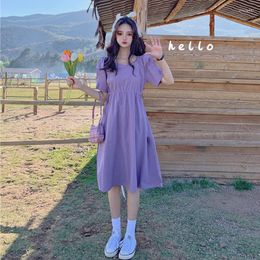 Casual Dresses Purple V Neck 2023 Summer Women Dress Korean Style Office Lady High Waist Fashion Solid Colour Female Simple Clothes