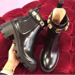 Martin short women boots 100% cowhide Belt buckle Metal Shoes Classic Thick heels Leather designer shoe High heeled Fashion Diamond wear-resistant Trendy shoes