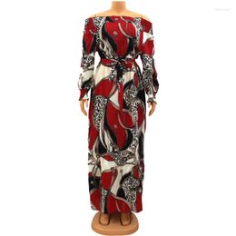 Casual Dresses Red Colour Printed Off The Shoulder Puff Sleeve Women Dress Leopard Sashes Indie Folk Maxi For African